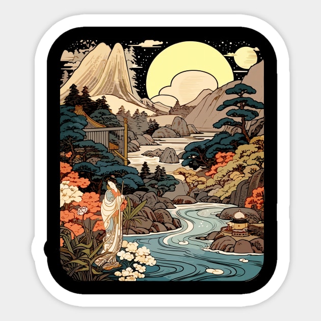 Japanese Zen Landscape Nature Scene Woodblock Painting Style Sticker by entwithanaxe